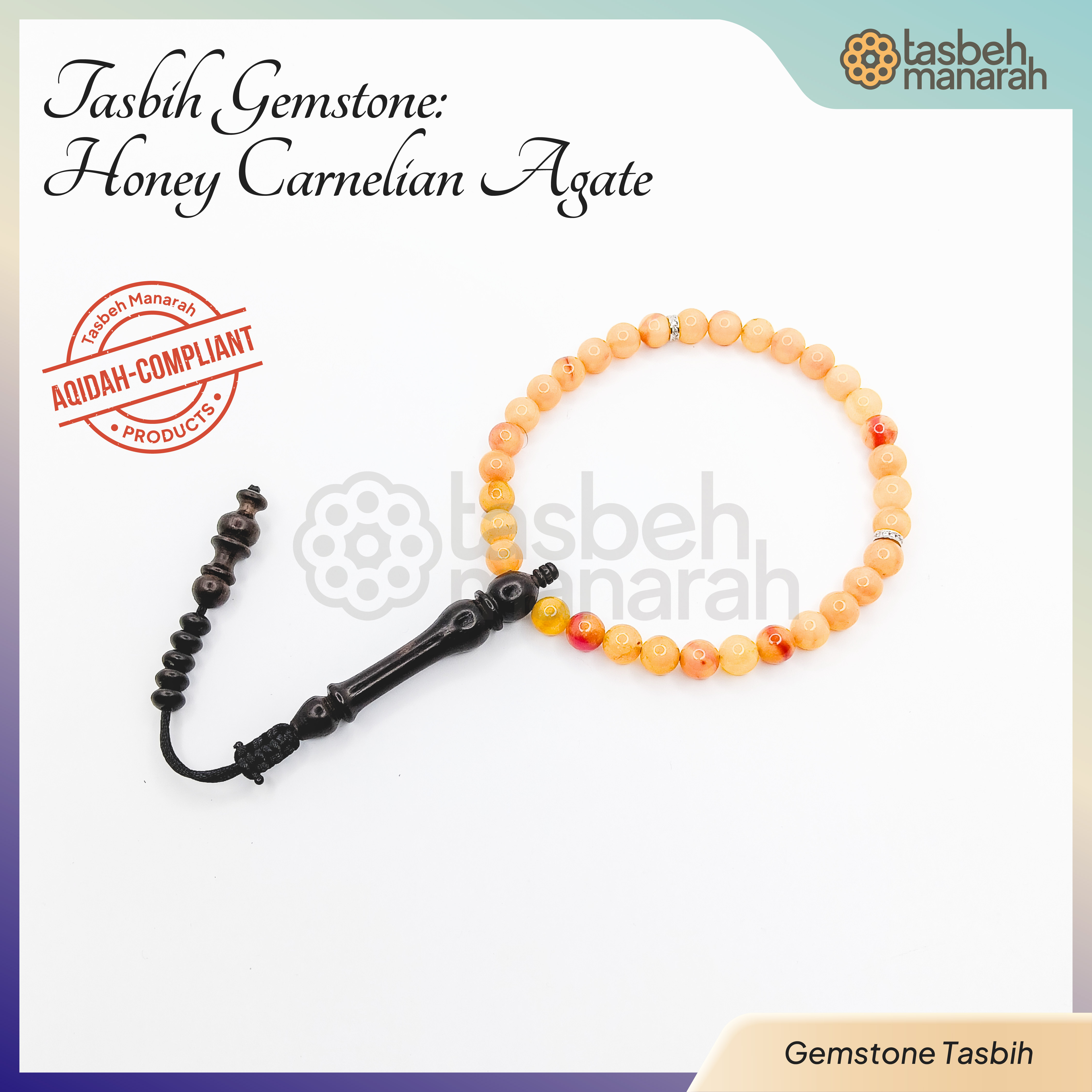 Tasbih Daily Gemstone: Honey Carnelian Agate + Eboni - 33 Beads