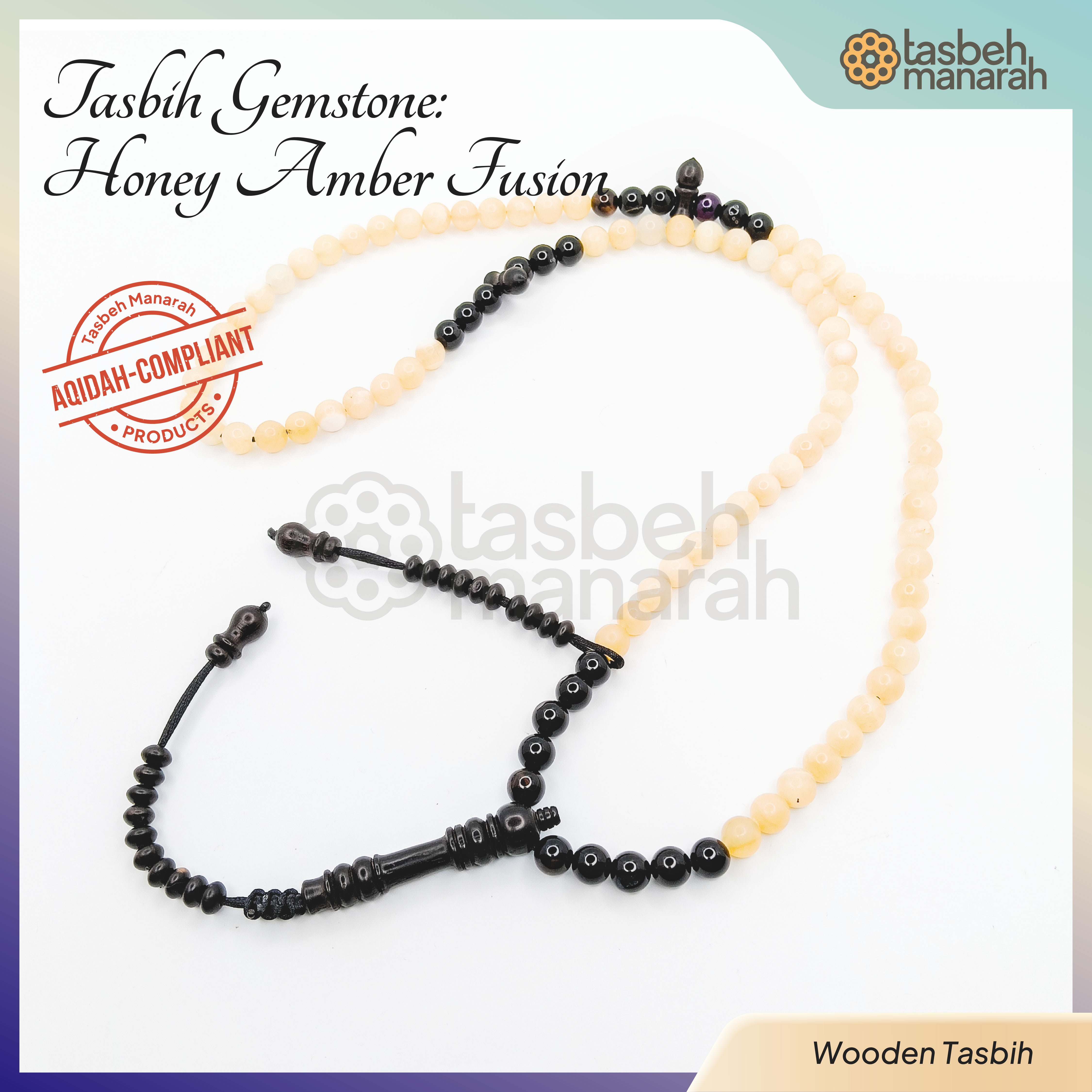 Tasbih Gemstone: Honey Amber + Eboni - 99 Beads