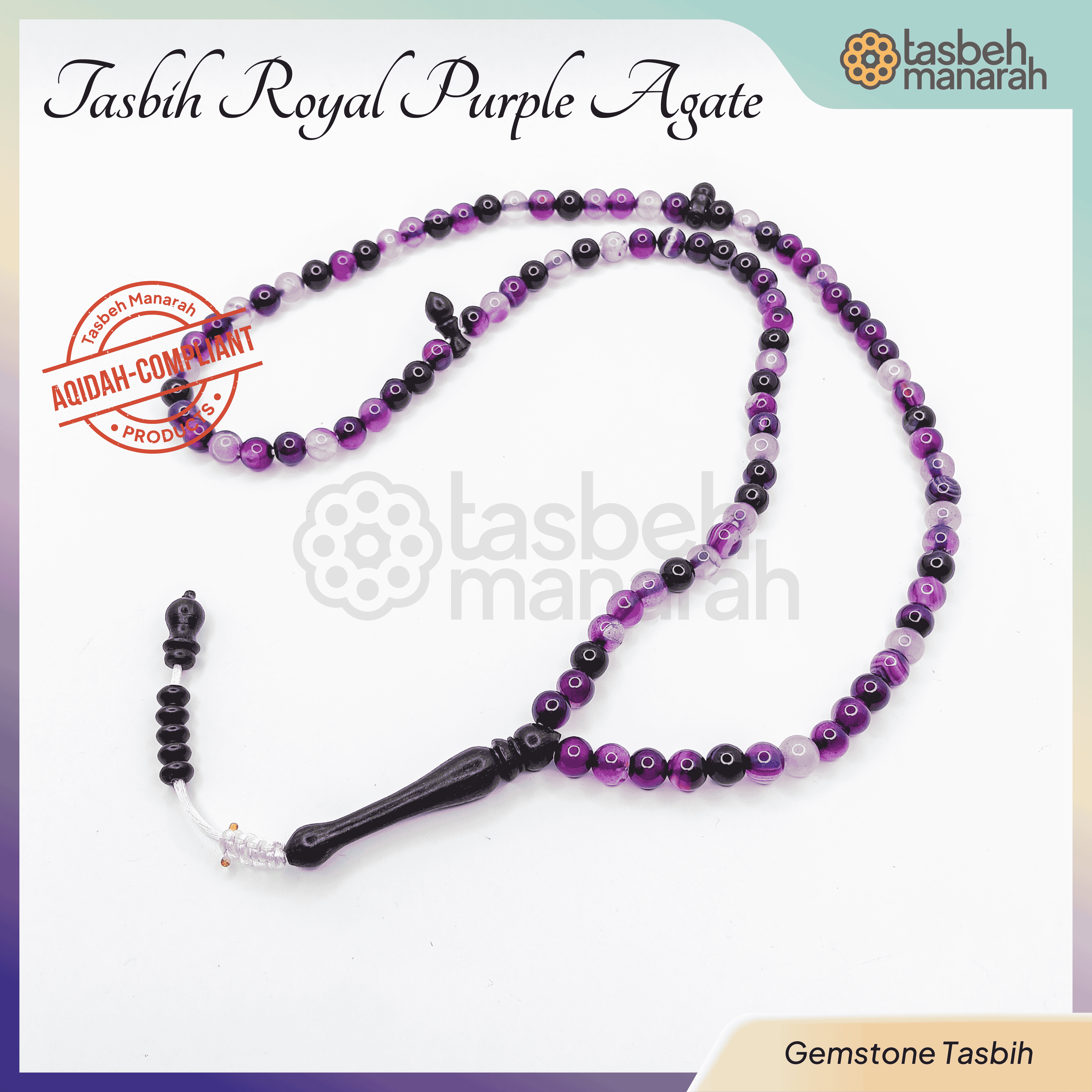 Tasbih Gemstone: Royal Purple Agate + Eboni - 99 Beads