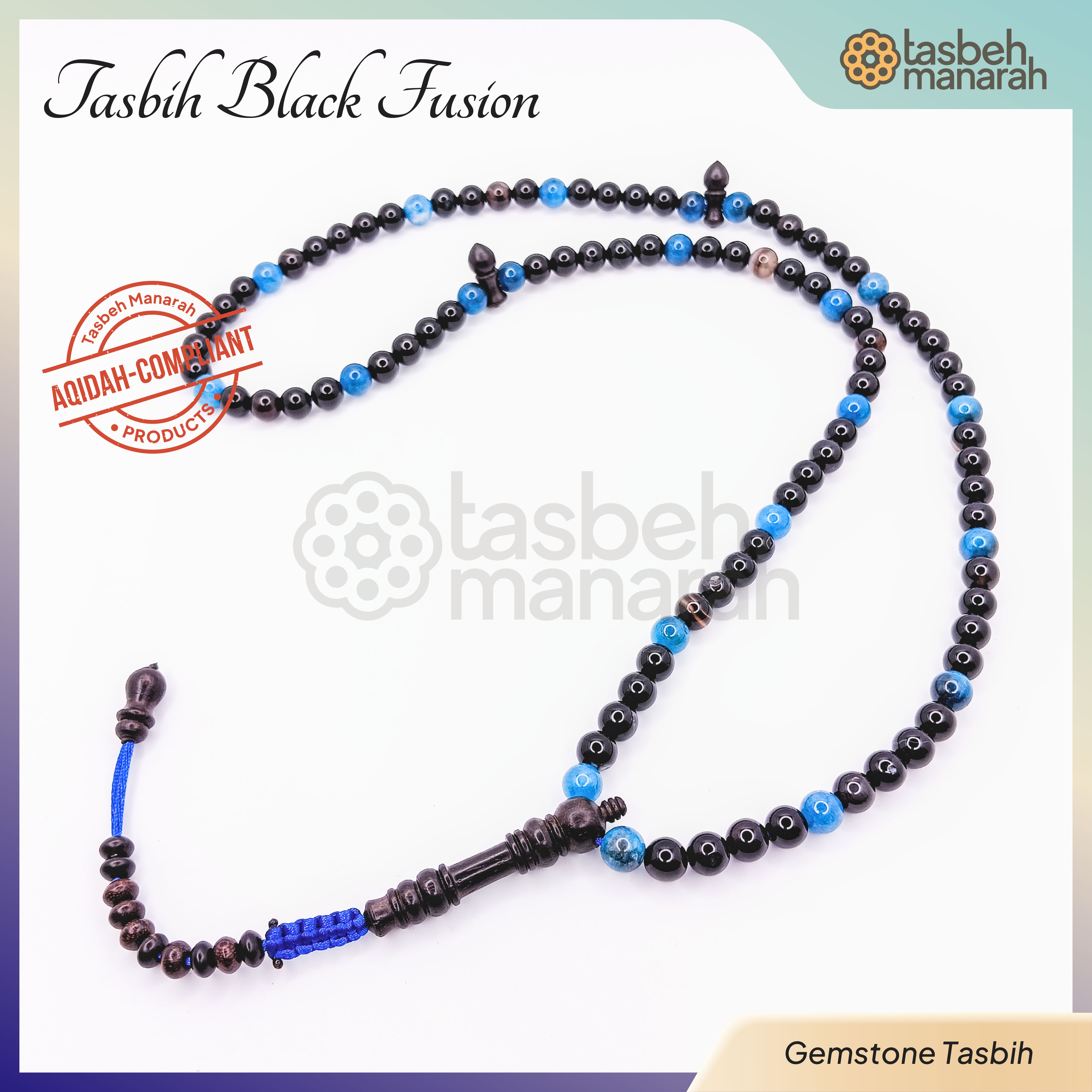 Tasbih Gemstone: Black Fusion + Ebony - 99 Beads