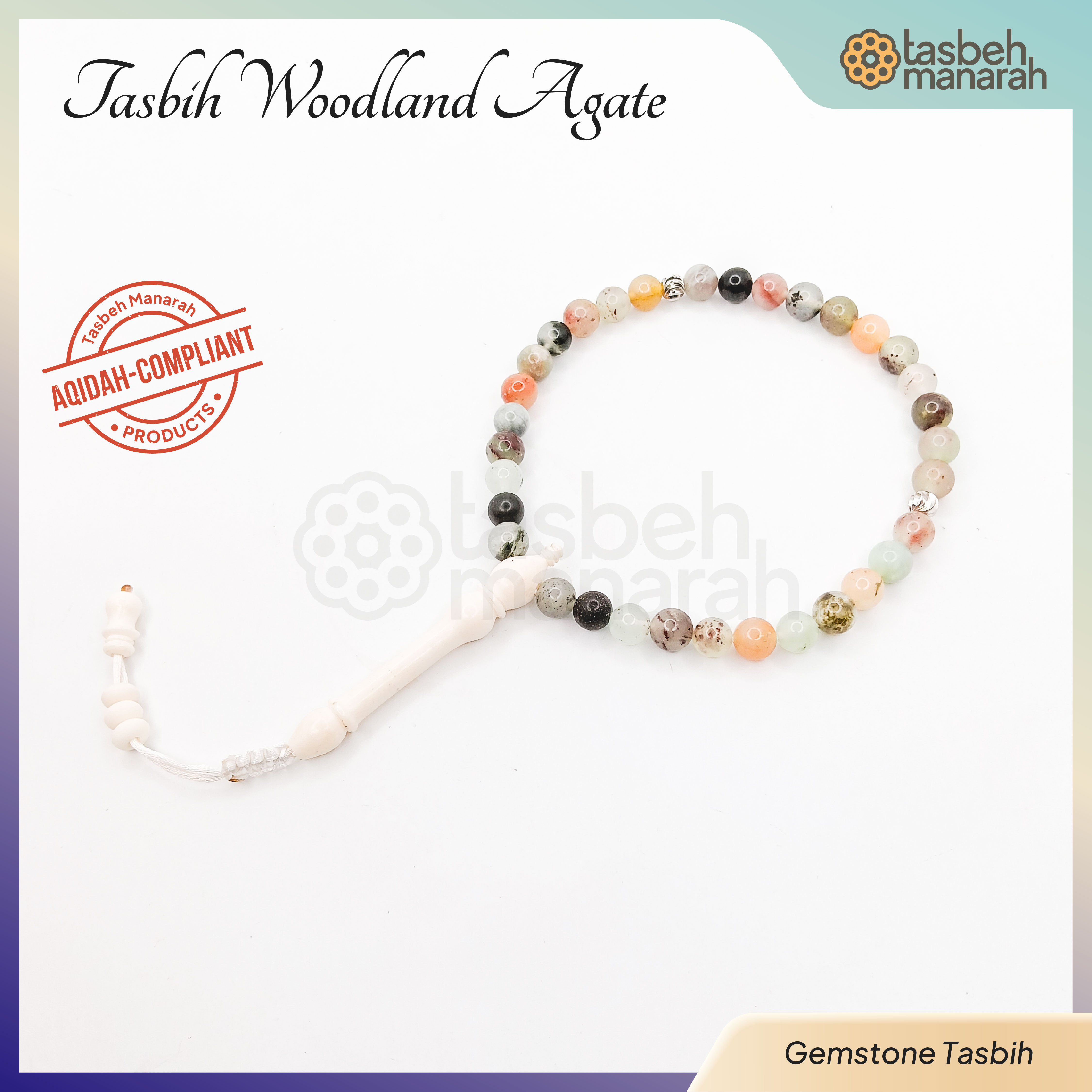 Tasbih Daily Gemstone: Woodland Agate - 33 Beads