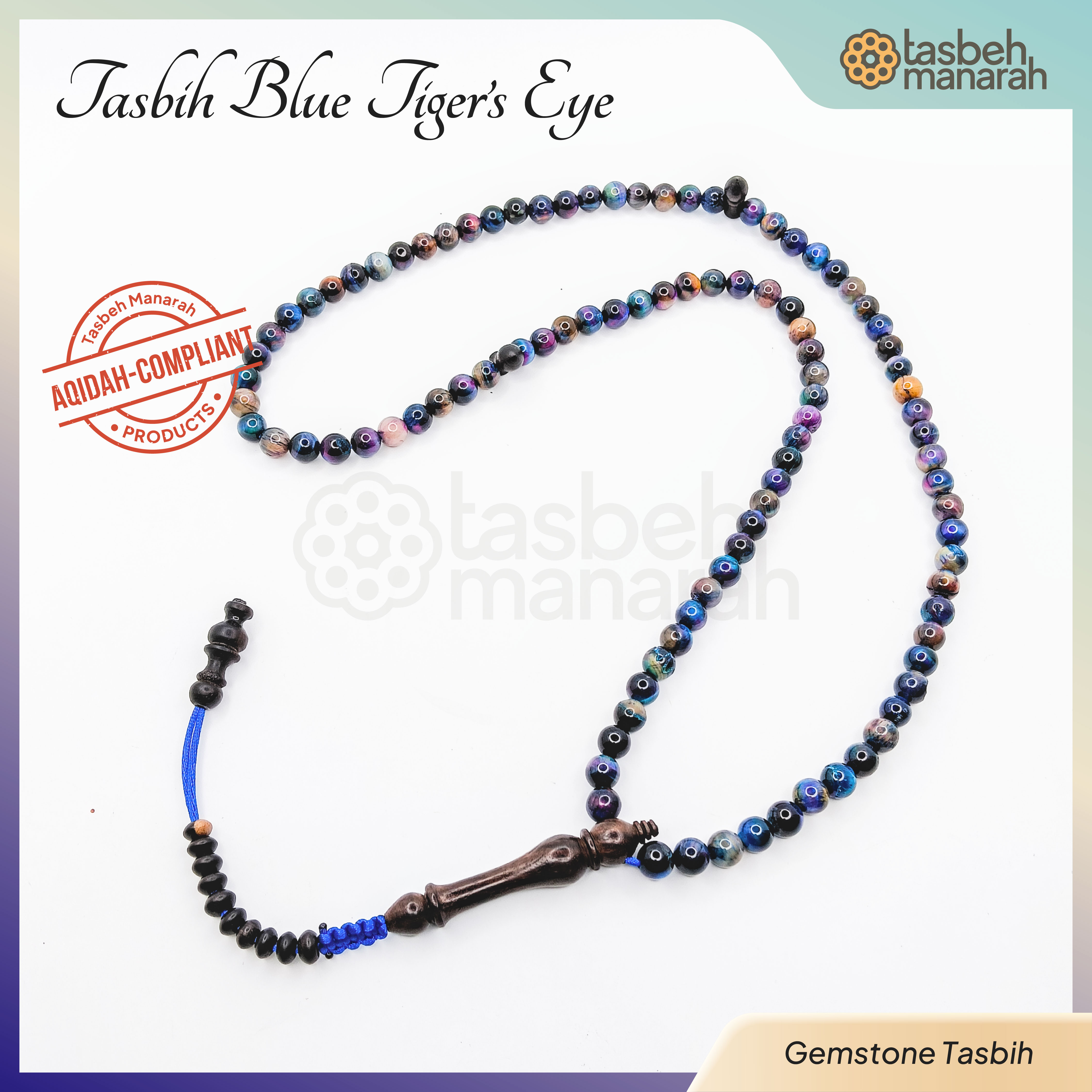 Tasbih Gemstone: Blue Tiger Eye + Eboni - 99 Beads